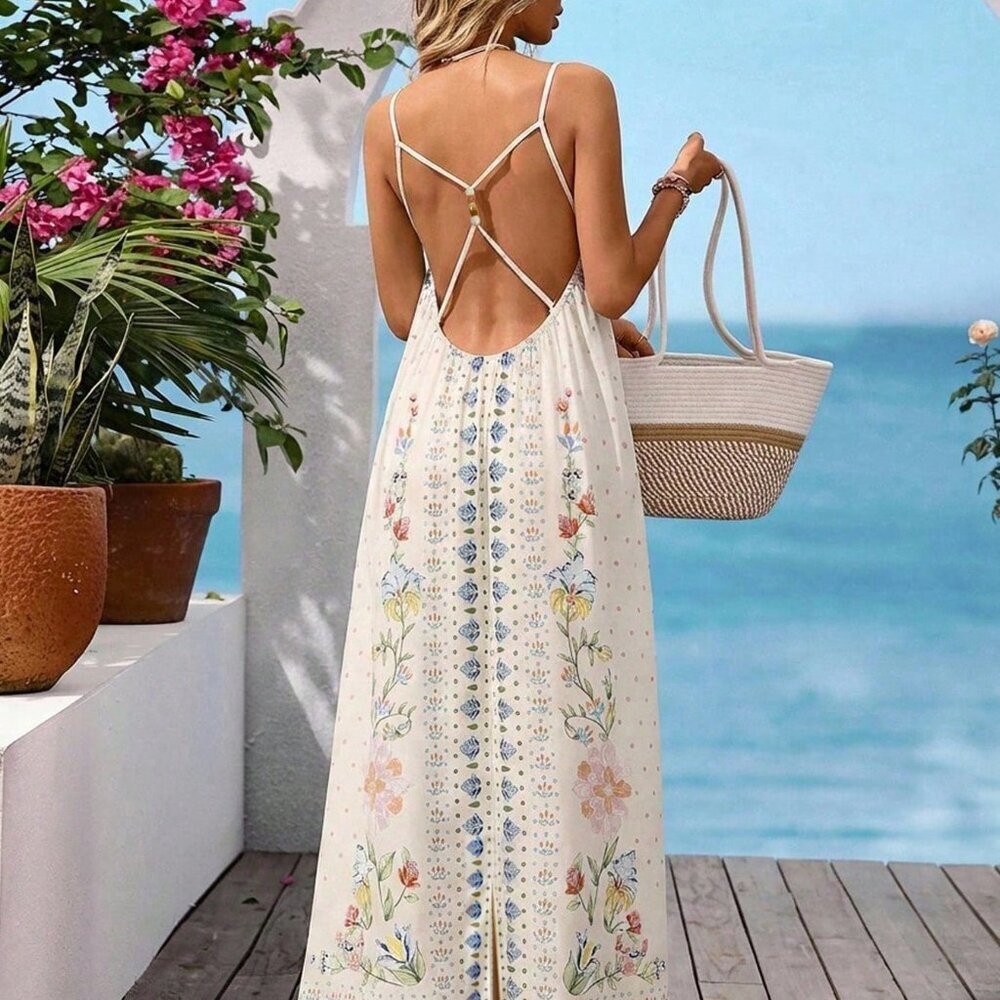 V-Neck Women's Backless maxi vacation Sundress